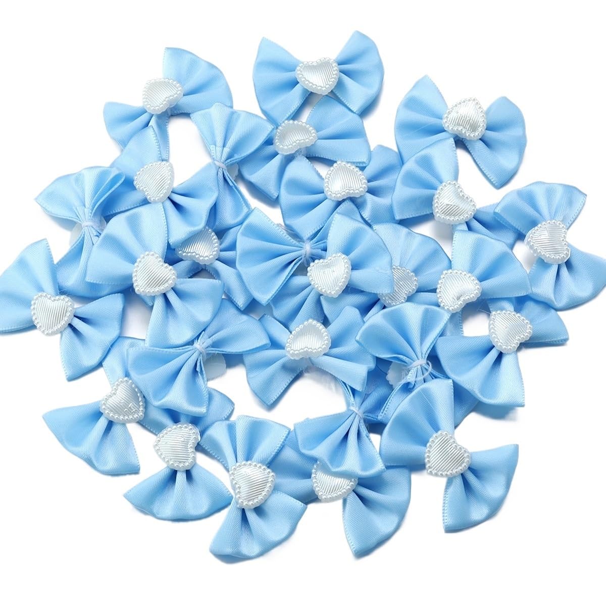 LATEAU Ribbon Bows 20pcs/lot Polyester Satin Ribbon Bows With Heart Pearl Bowknots For DIY Clothing Decoration Accessories(Blue)