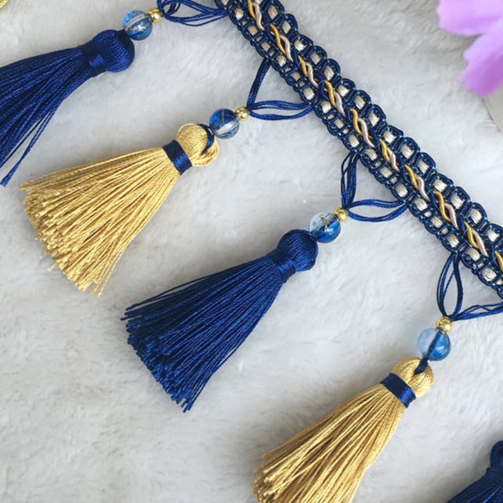 Spitzenborte mit Quaste, Perlen Quaste Fringe Trim 2 Yards Multicolor for Lampenschirme Tischdecke Vorhang Nähen DIY(Blue Gold)