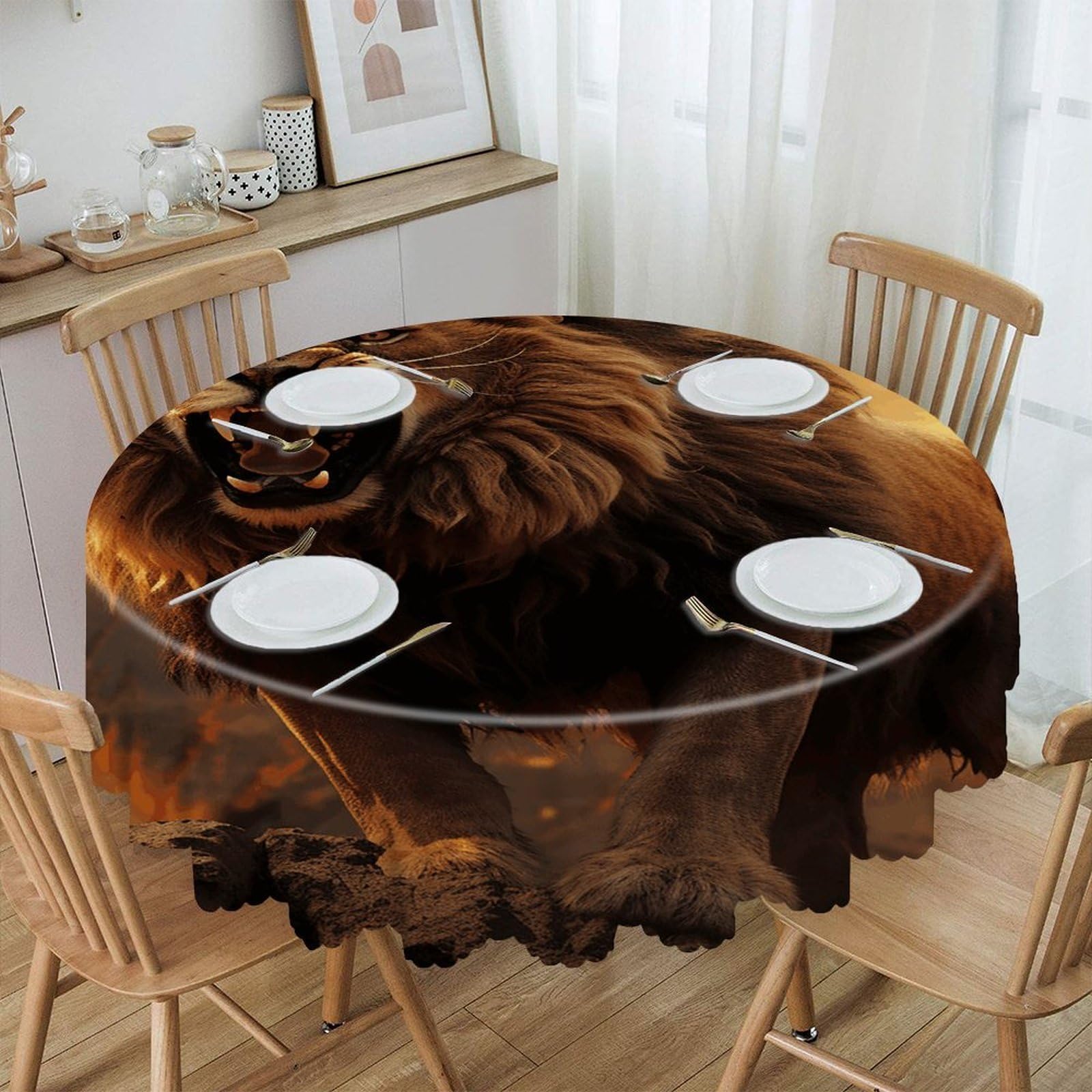 VstaDank Angry Roaring Lion Round Tablecloth Premium Polyester Table Cloth Heavy Duty Washable Fabric Tablecloth Waterproof Holiday Table Cover Decorative Tablecloths for Dining 60"