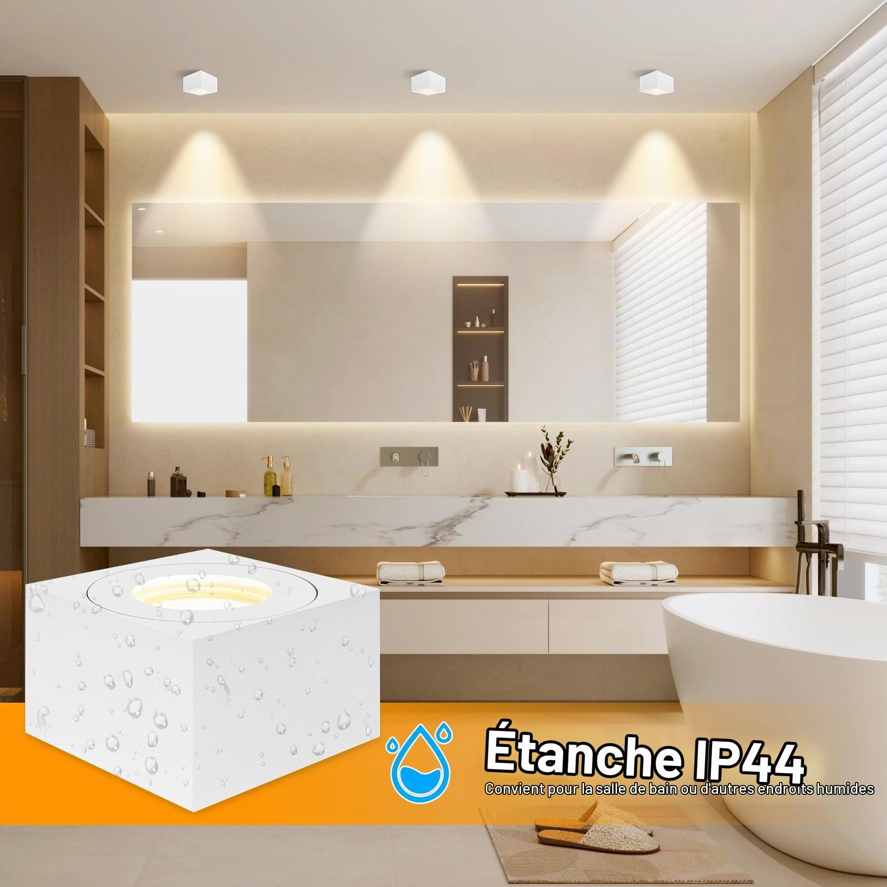 2x Spots de plafond Blanc, Carré, Dimmable, IP44 salle de bain, Spot plafonnier plat Ø80x50mm, Comprend module LED remplaçable de 5W 550LM, 3CCT 3000K/4000K/6500K aluminium Spot LED en Saillie