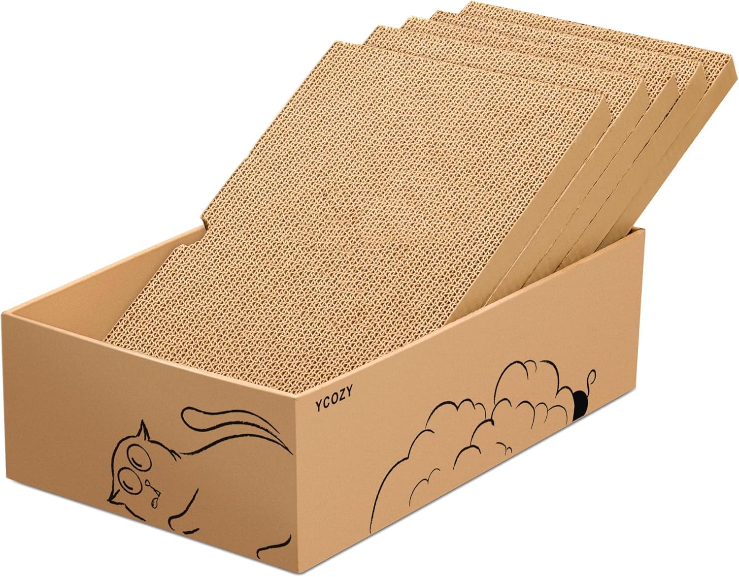 Ycozy Tiragraffi per Gatti 5 in 1, Tiragraffi Gatto Tiragraffi 2 Strati Bifacciale, 43 x 25,5 x 12,7 cm, con 5 pezzi di Cartone di Ricambio Interattivo, per Gatti Piccoli e Grandi