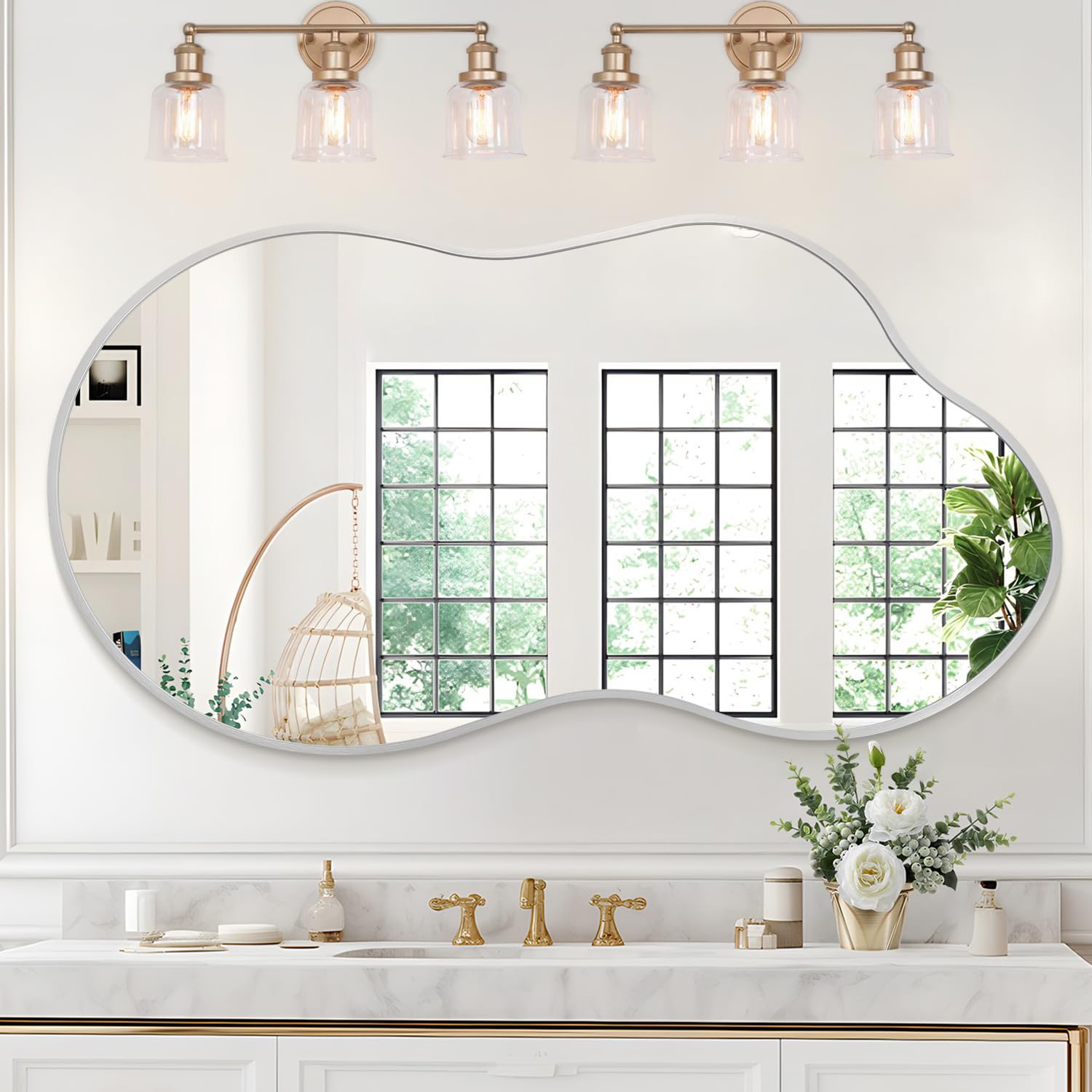 JJUUYOU Mirrors for Wall Large Bathroom Irregular Brushed Metal Frame 50 x 90cm Vanity Wall Mounted Mirror for Living Room Bedroom Entryway Vanity Home Decor,Silver