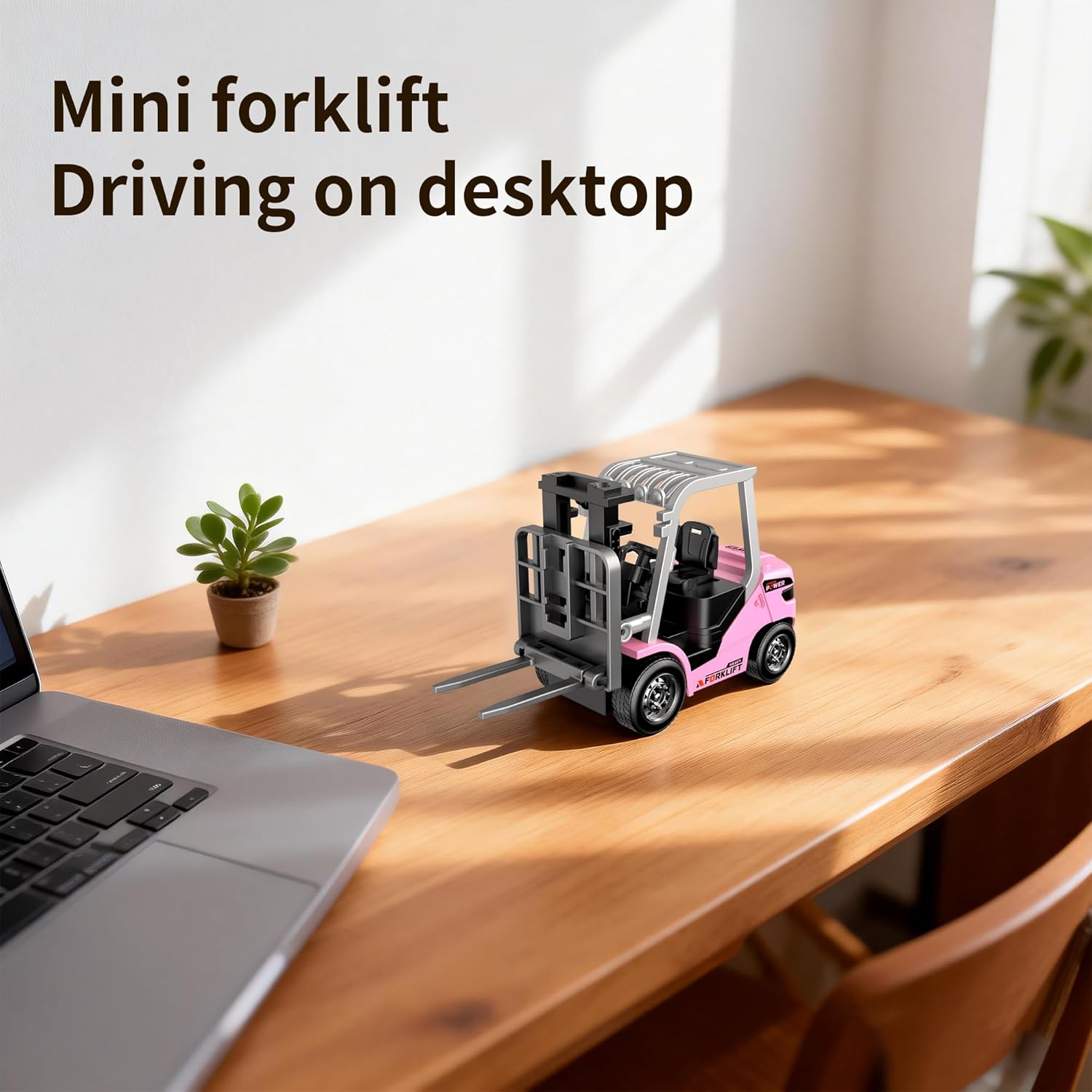 Dwi Dowellin Mini 1/64 RC Forklift Toy, 7 Channel 2 Mode Remote Control Forklift Truck, 2 in 1 Transformable Lift Fork & Hook with Lights & Sounds for Adults Kids Boys and Girls(Pink)