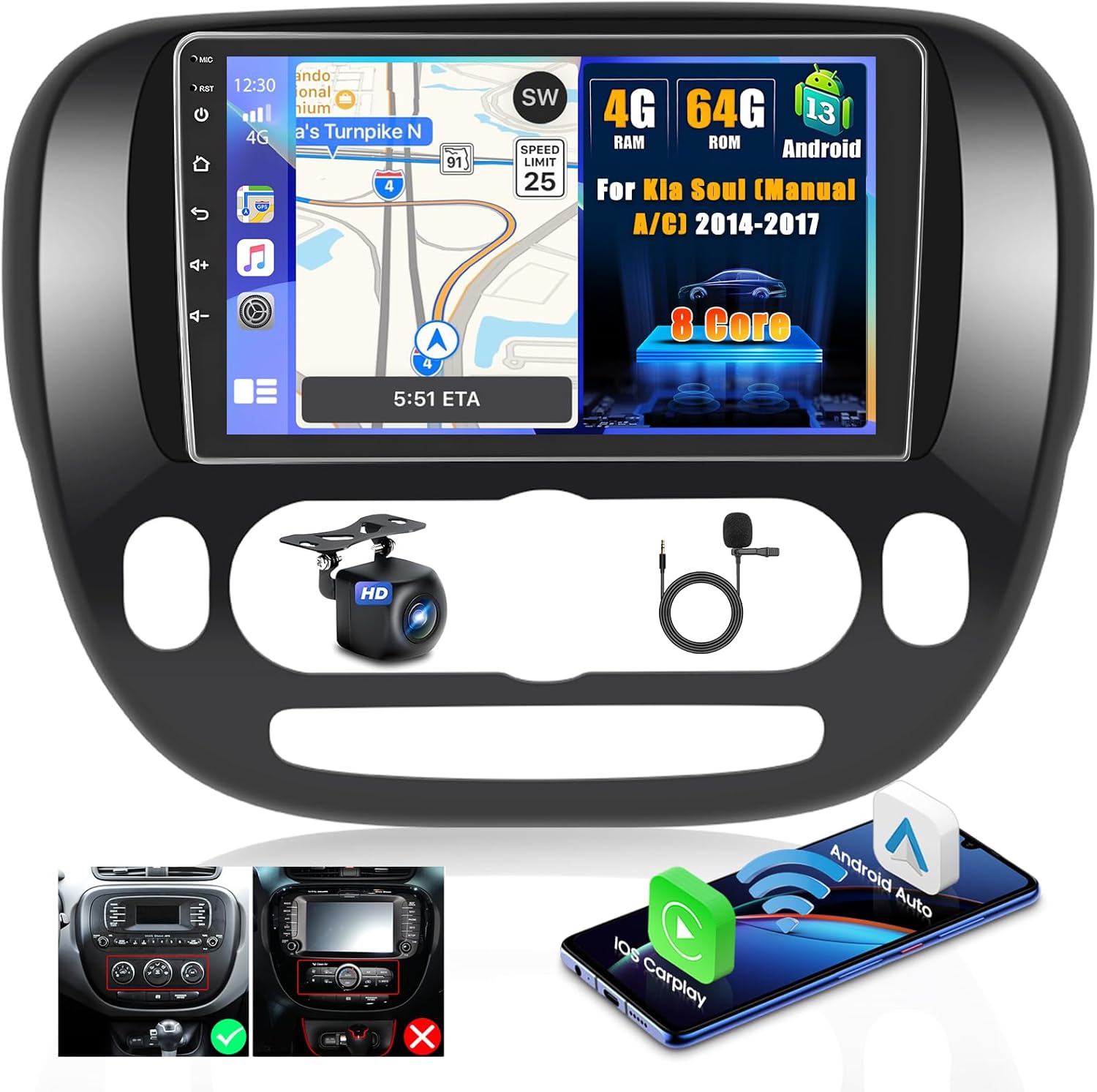 Inefala [8 Core 4G+64G] Android 15 Car Stereo for Kia Soul 2014-2017 with Wireless Carplay Android Auto, 9 Inch HD Touchscreen Car Radio with GPS WiFi Bluetooth FM/RDS DSP SWC Backup Camera MIC