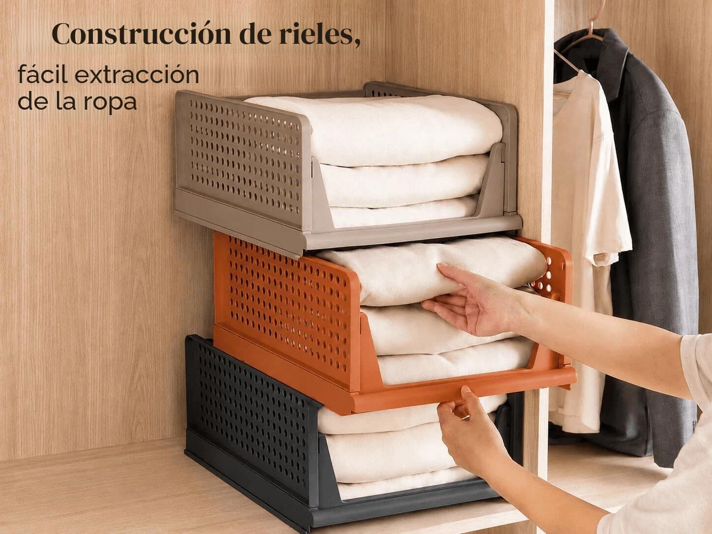 RMAN® Organizador Armario 8 pcs Cajones Extraíbles Plástico Marrón | Plegable, Apilable, Para Cocina Dormitorio Baño, Cajas Almacenaje Ropa