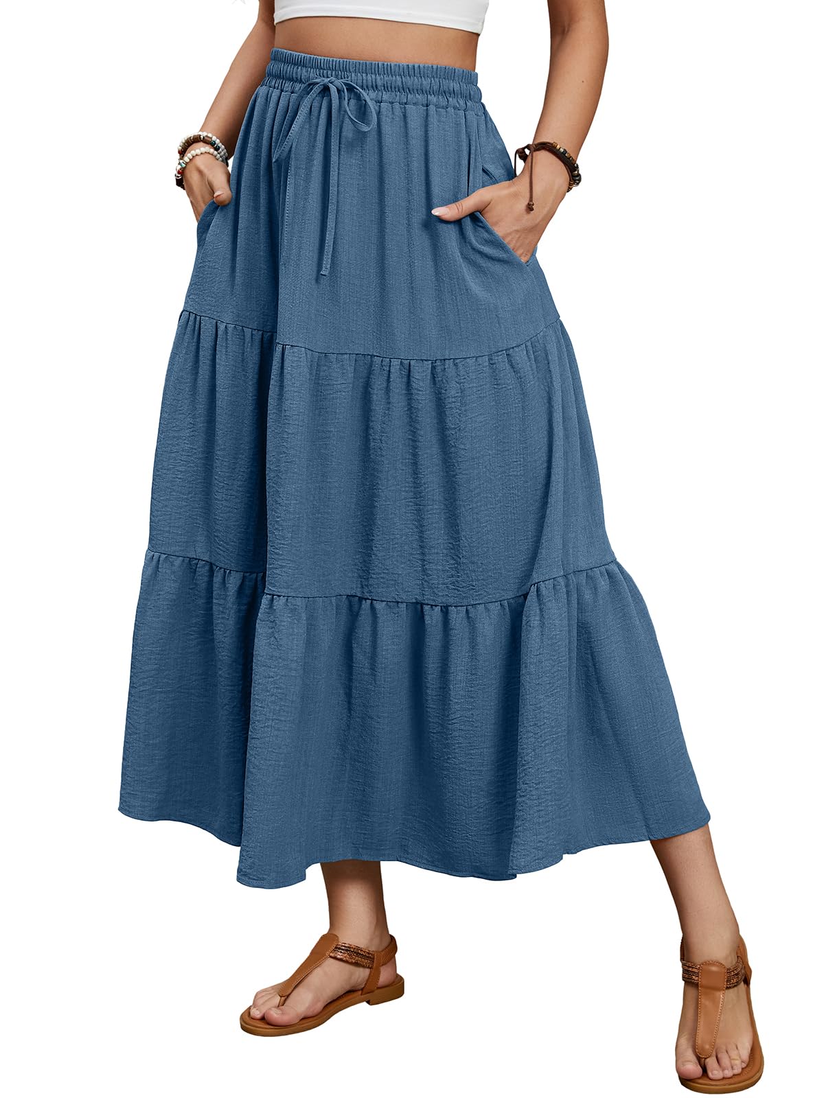 Lyrur Maxi Skirts for Women 2025 Summer Elastic High Waist A-Line Flowy 3-Layer Tiered Ruffle Long Skirt with