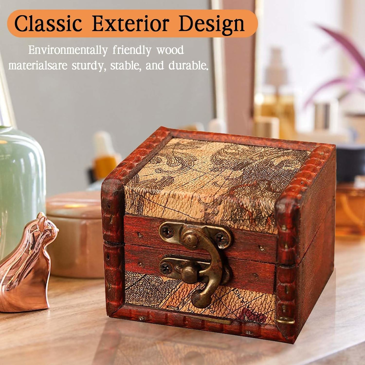 Wooden Jewelry Box Classical Wood Jewelery Storage Box Case Holder | Jewellery Chest Mom Gifts Antique Trinket Organizer Treasure Box for Women Girls Ring Necklace Earring
