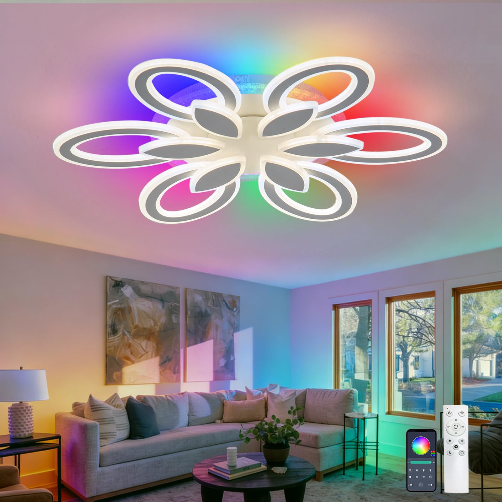 Dimmerabile per Lampadario Soggiorno con Telecomando APP, Plafoniera LED Soffitto RGB con Altoparlanti,Nuovo Modello Lampa ad Alto CRI con Memoria,per Camere da Letto e Studi-White||APP