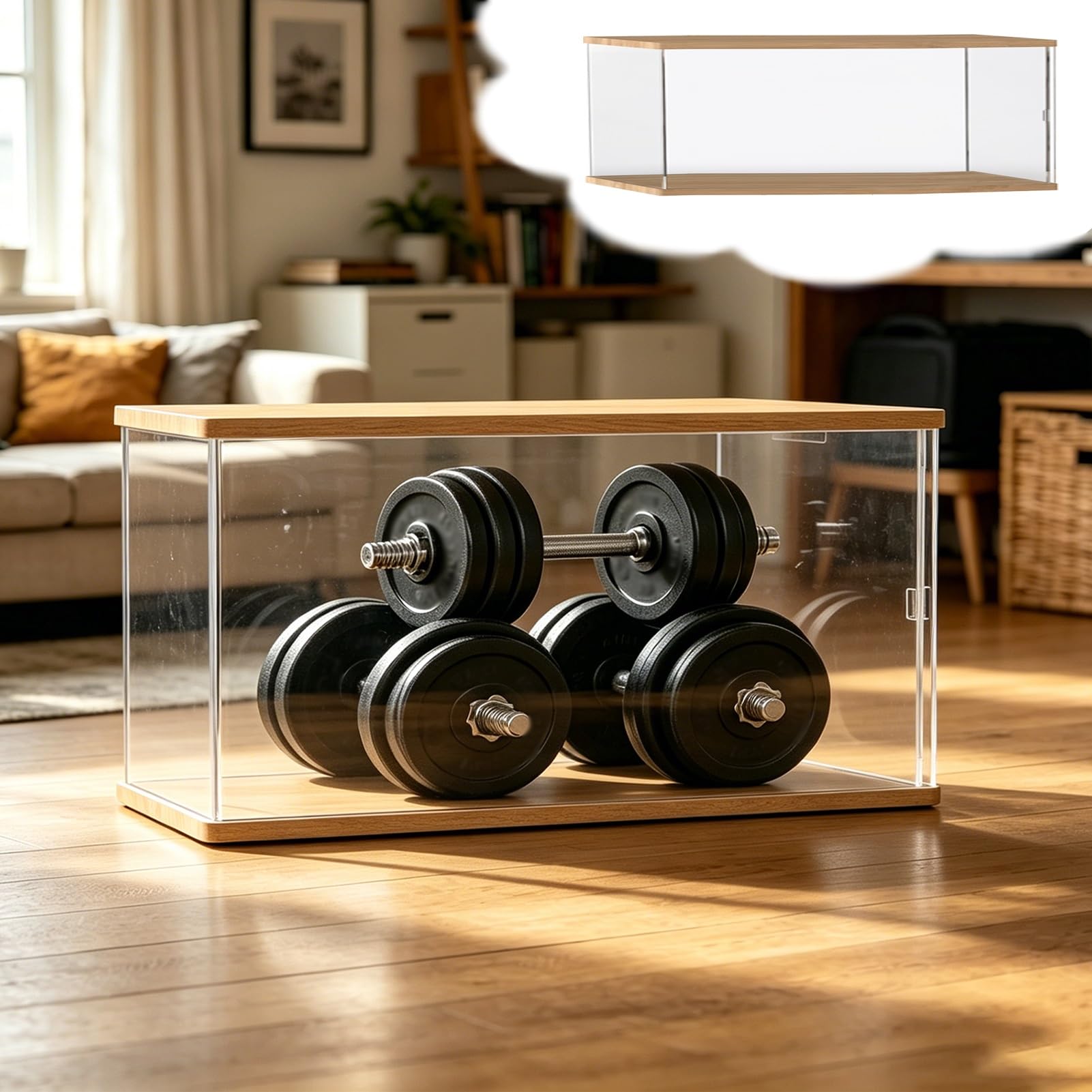 UrbanUp Urna Metacrilato Vitrina Expositora de Pie de Alta Resistencia, Caja de Acrílico Transparente Antipolvo con Base y Tapa de Madera, Organizador Cuadrado Apilable(25x30xH15cm/10x12x6)
