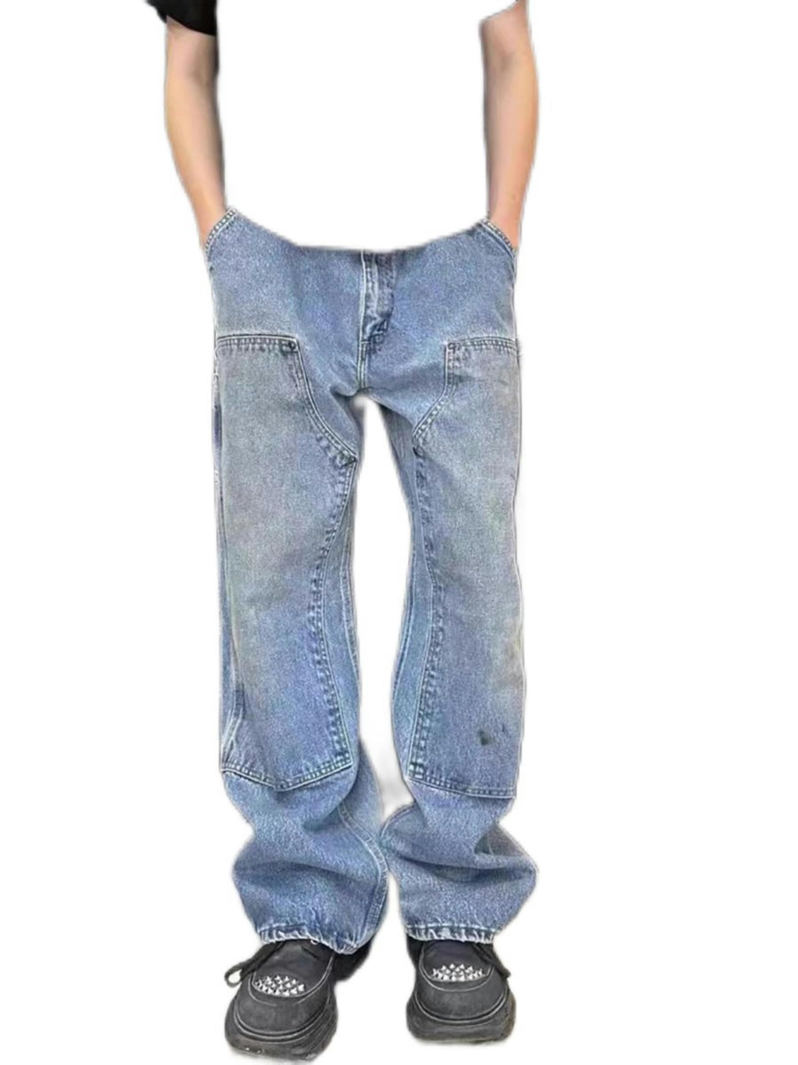 Jean délavé en détresse pour hommes, pantalon droit ample bleu taille S