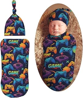Retro Game Joystick Gamepad Newborn Swaddle Blankets Hat Sets Soft Baby Receiving Blanket Swaddle Sack for Baby Shower Infant Boy Girl Gift