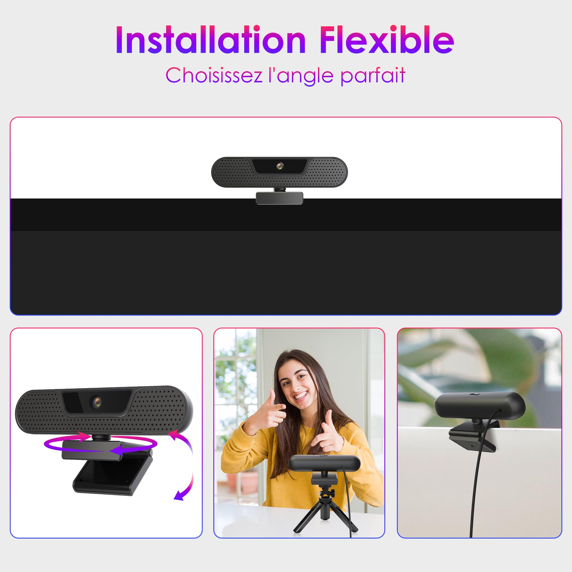 W8GS 4K Webcam avec Microphone, Autofocus, 85° Grand Angle, Protection de la Vie Privée, Plug and Play, Trépied, pour Mac, Windows, PC, Zoom, Skype, Appels Vidéo et Réunions