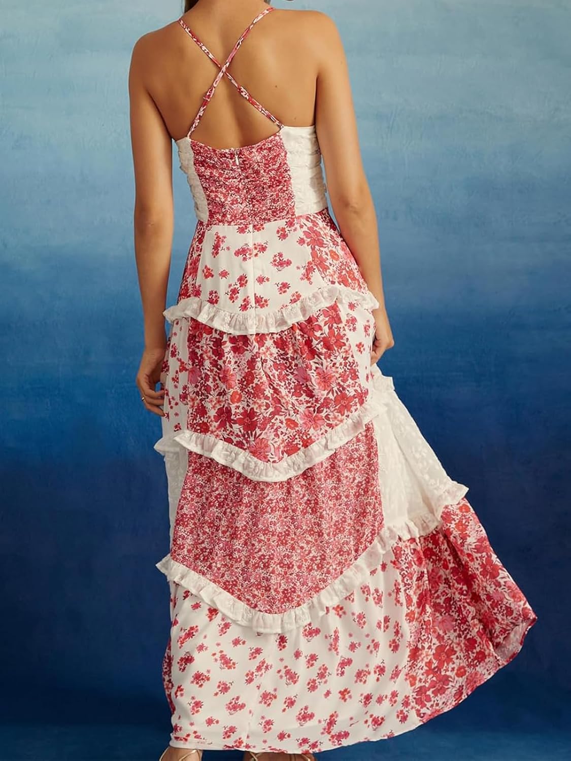 ebossy Womens Lace Patchwork Floral Maxi Dress Spaghetti Strap Sexy Backless Ruffle Tiered Boho Beach Sundresses - Image 3