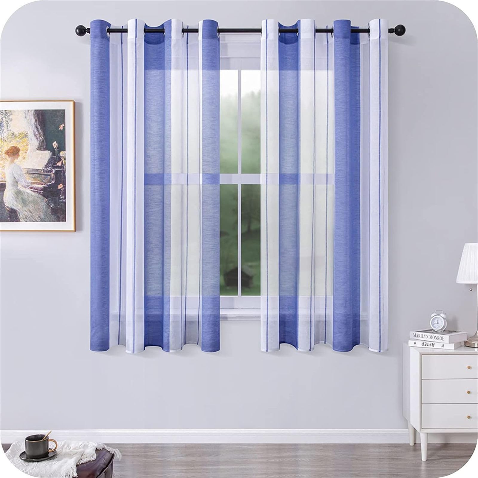 Odot Bedroom Voile Curtains for Windows, Stripes Style Semi Transparent Curtain 1 Panel Semi Sheer Curtains with Eyelets Light Filtering Tulle Window Curtain (Royal Blue,100x270cm)