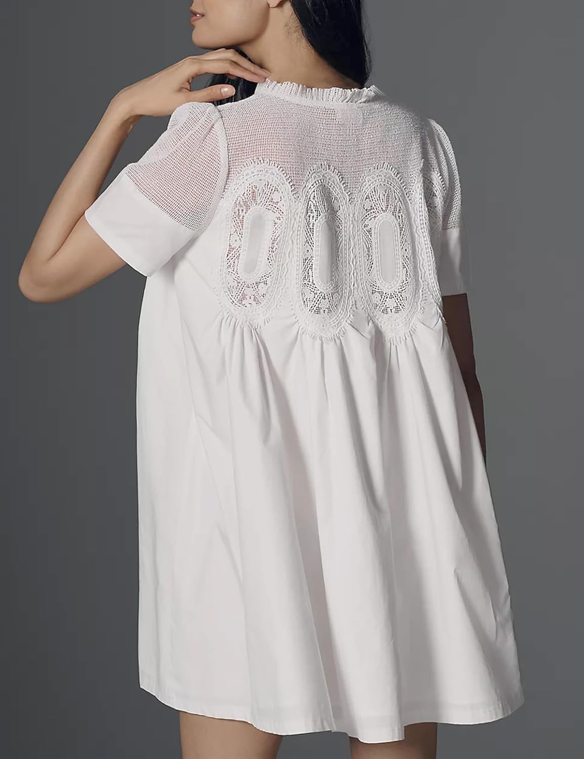 Womens Summer Lace Mini Babydoll Dress Ruffled Collar Short Sleeve Loose Mesh Swing Elegant Flared Sundress (White01-X-Large) - Image 6