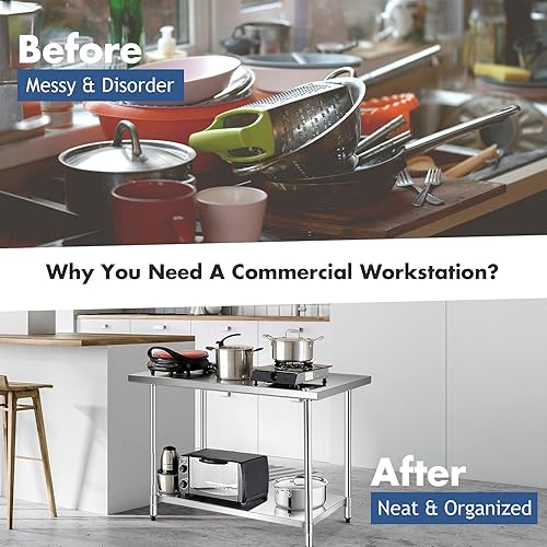 Miniatura 6 de WATERJOY Mesa de acero inoxidable de 48 x 30 pulgadas para preparación y trabajo, mesa de cocina comercial resistente con estante ajustable y ruedas