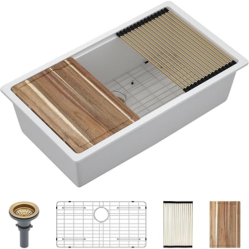 33 Inch White Undermount Kitchen Sink 33x19 Granite Composite Kitchen Sink Workstation Ledge Quartz Classic Under Counter Single Bowl Luxury Kitchen Sinks Basin