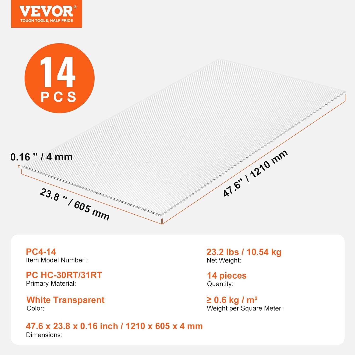 VEVOR 14 Pack Polycarbonate Greenhouse Panels, 2' X 4' X 0.16'' Roof Panels Sheets, Waterproof UV Protected Corrugated Plastic Roofing, Impact Resistance Clear Roofing Sheets for Greenhouse/Garden