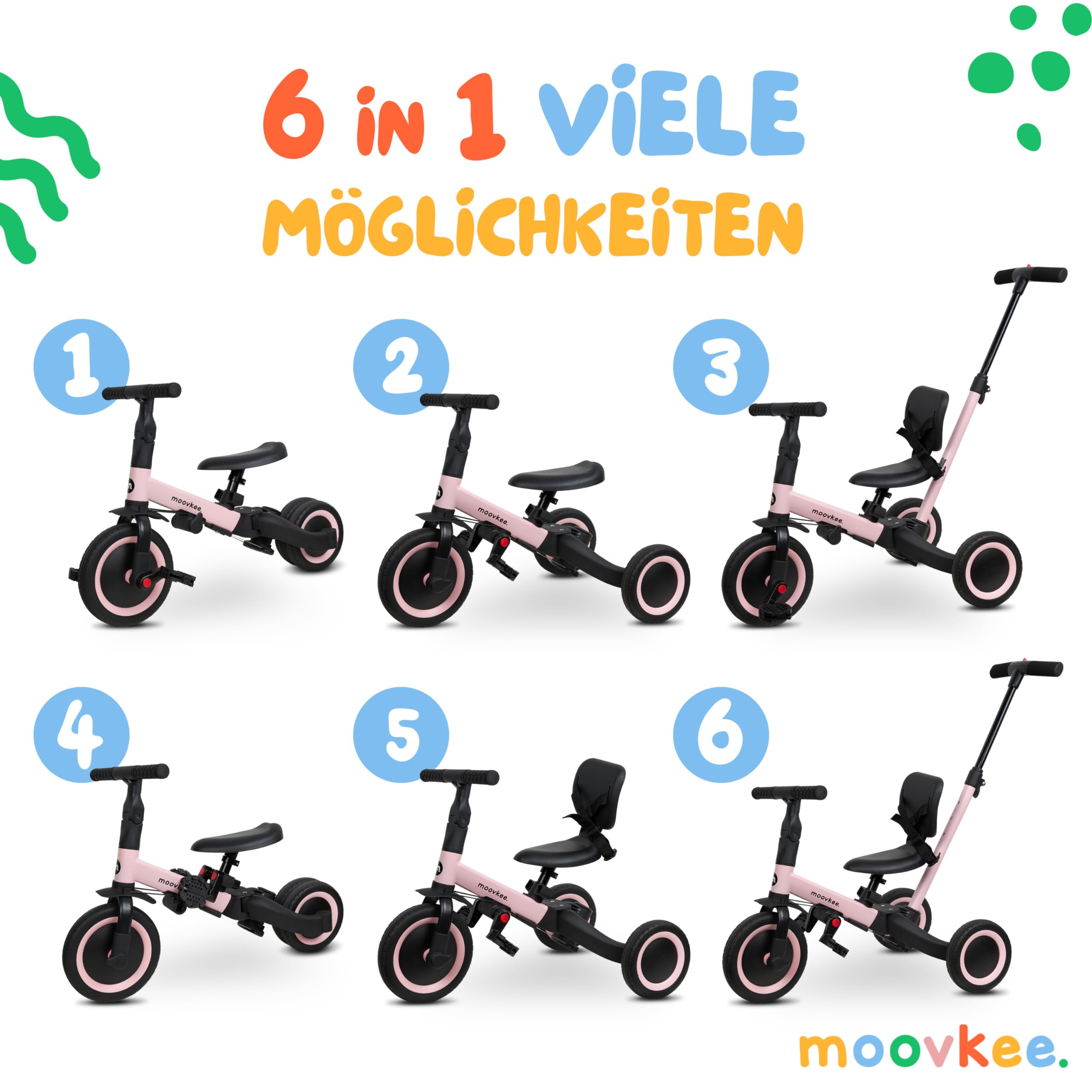 6in1 Dreirad ab 1 Jahr mit Schubstange - Rosa Laufrad für Baby | Kinderfahrrad Faltbar 1–5 Jahre Laufräder Multifunktionales und Stabil Sicherheit Lauflernrad für Ihr Kind