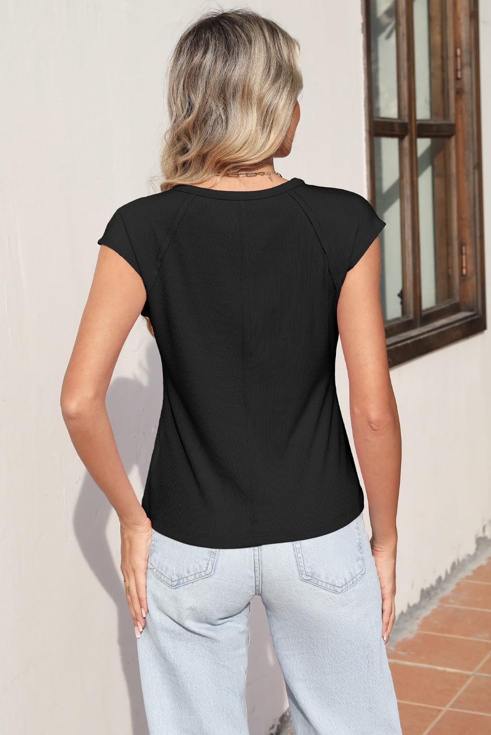Sidefeel Womens Tops Casual Crewneck Cap Sleeve Tops Ribbed Raw Hem Summer T Shirts Slim Fit Basic Tees Blouses - Image 5
