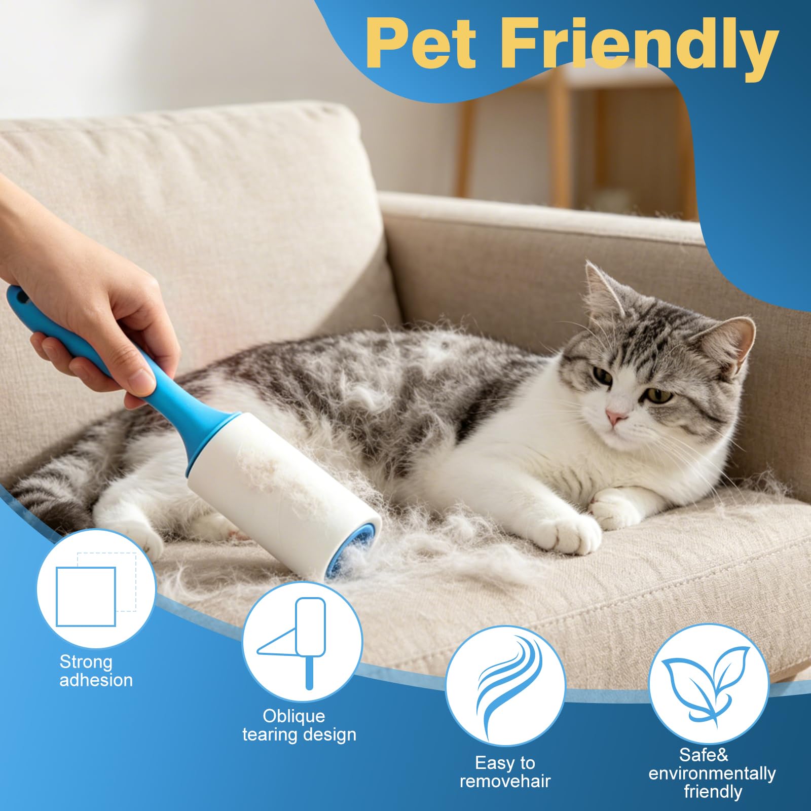 Brosse Anti Poils Animaux 1440 Feuilles très adhésives,12 Rouleaux avec 2 Poignées,Extra Collant Rouleau adhesif Vetement, Brosse Adhesive Poils Animaux