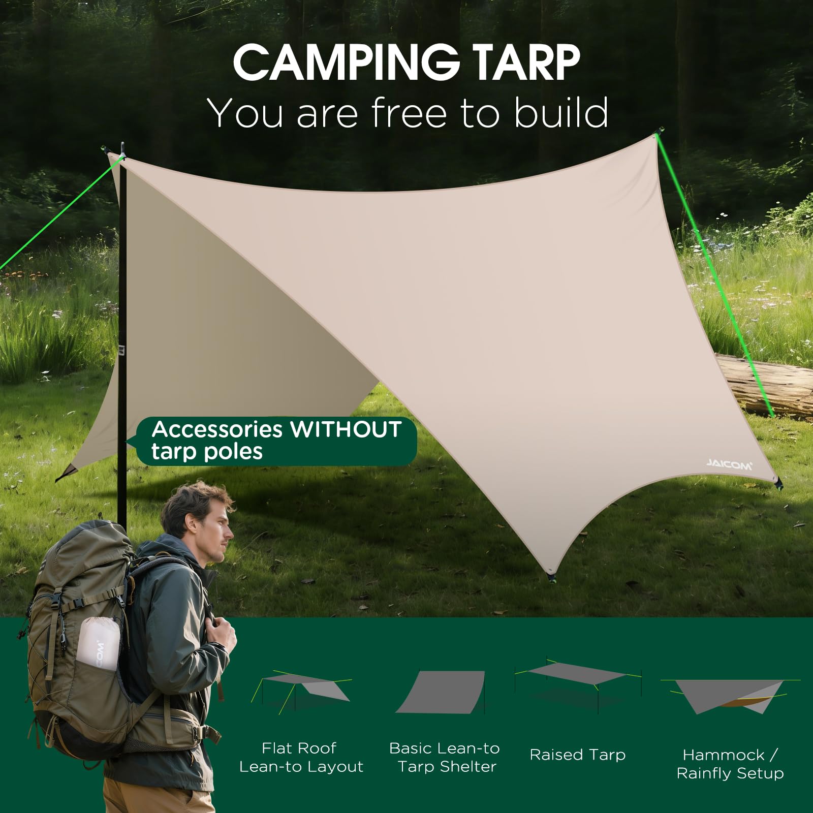JAICOM Tarp Wasserdicht, 3.6x2.9m Ultraleicht Camping Zeltplane, Anti-UV Sonnen Regen Schutz Schnee, Sonnensegel mit Öse, Nylonseile, Aluminiumstifte, Zelt Clips, für Hängematte Picknick Wandern