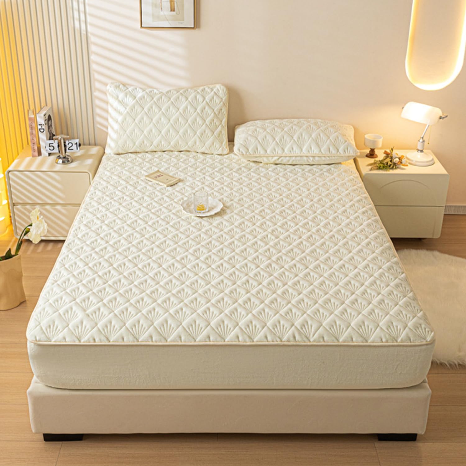 Queen Milk Velvet Mattress Cover Thicken Fitted Sheet Winter Mattress Protector Soft Comfort Bedspread Non-Slip Mattress Cover Deep Pocket 12In Mattress Bed Cover,White,Pillowcase*2