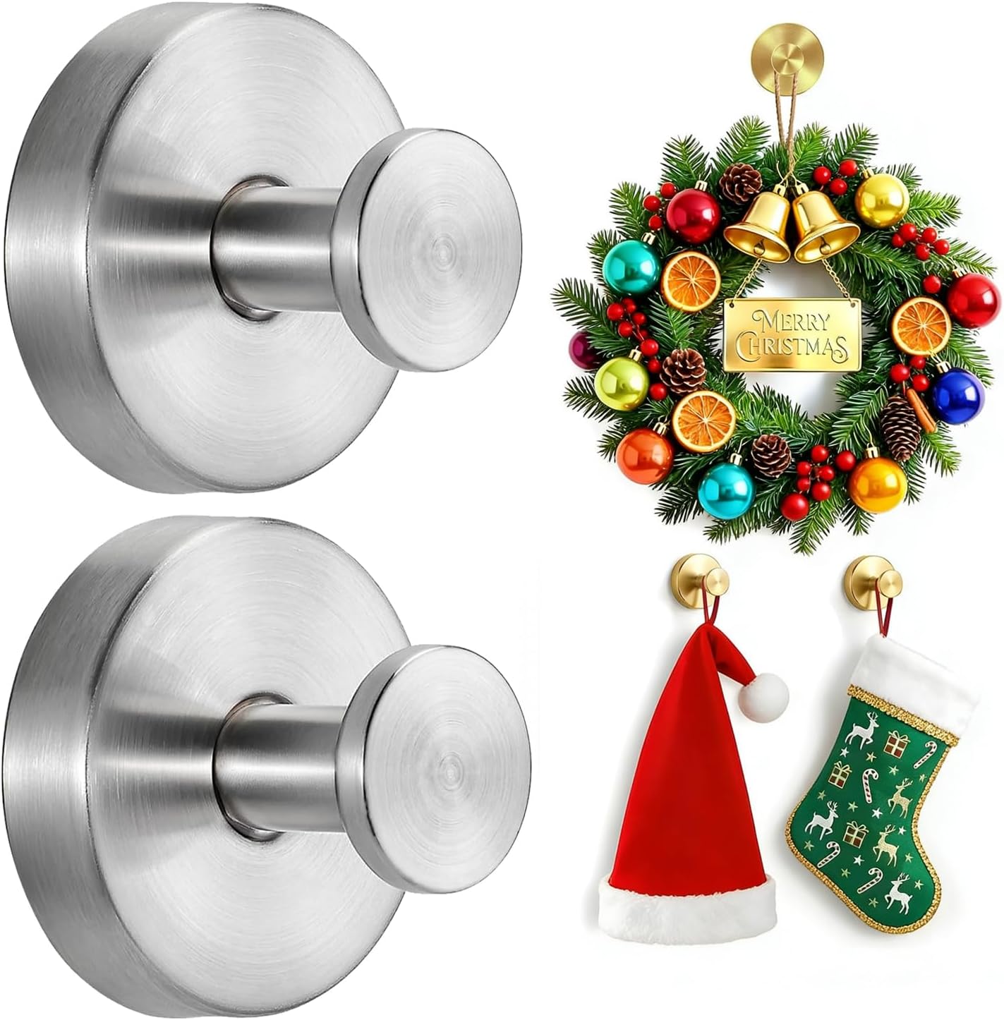 Suction Cup Hooks for Shower,Reusable Wreath Hanger for Front Door,Stainless Steel, Heavy Duty, Removable Towel Hooks for Bathroom,Loofah Bath Robe Metal Towel Holder,Knobs (Silvery 2Pcs)