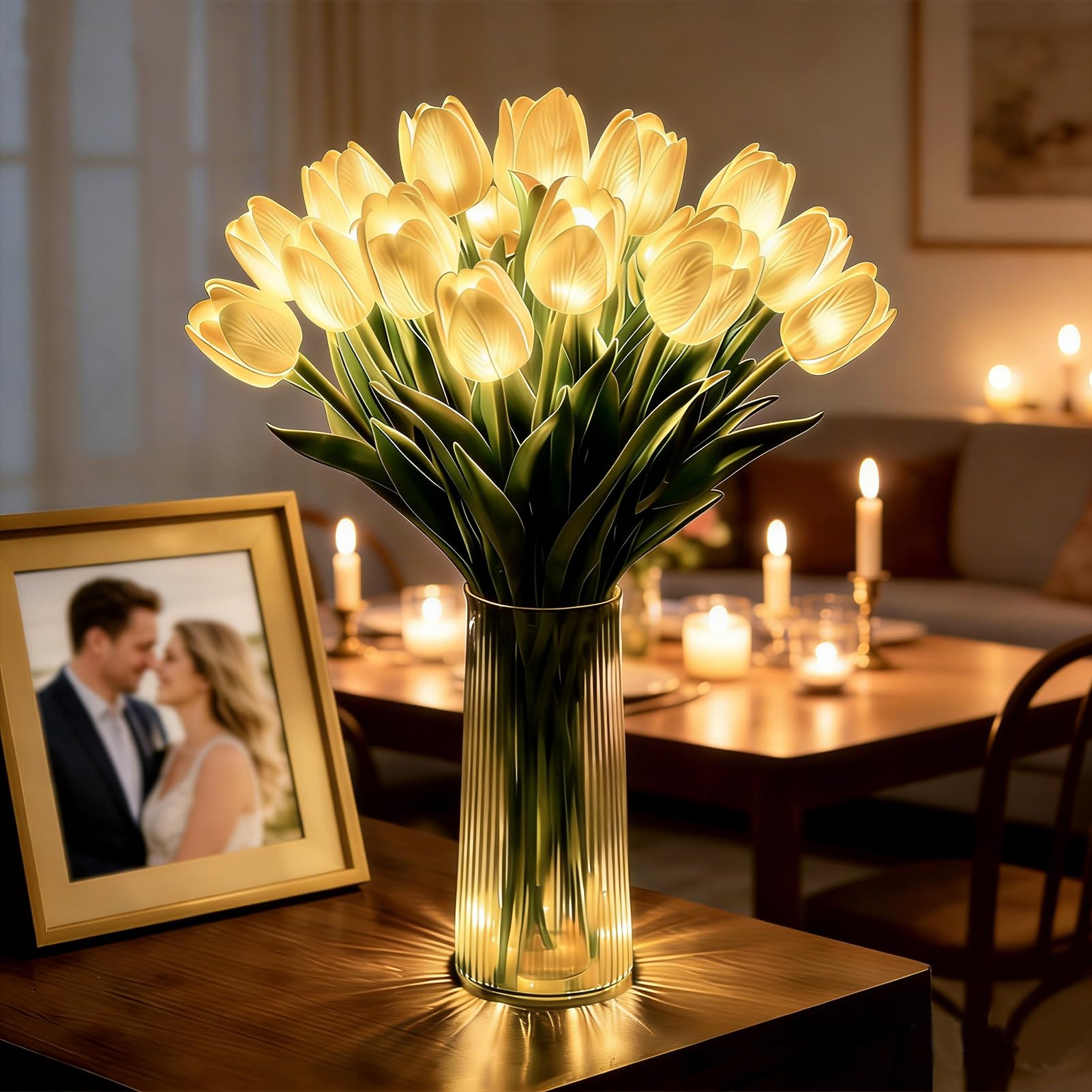 2026 Radiant Romantic Tulip Light with Vase, LED Tulips Night Lamp, LED Artificial Flowers Ambient Night Lamp,for Home Decor and Wedding Anniversary,Mother's Day (10*Creamy White Flowers,With Vase)