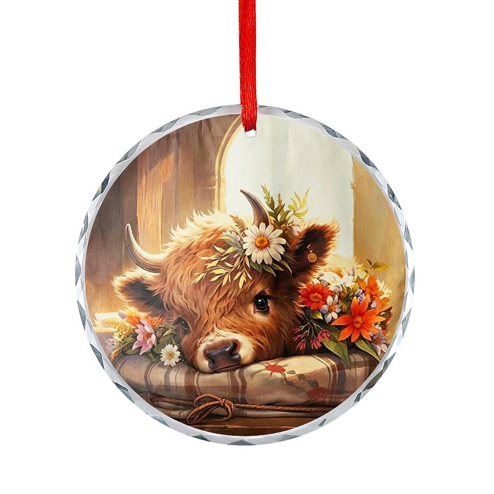 Btcowzrv Style Highland Cow With Flowers Round Ornament Hanging Pendant Decor