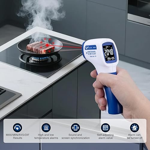 Miniatura 9 de Ring Laser DS20 1 termómetro infrarrojo pistola de temperatura con carne, pistola térmica con emisividad ajustable y alarma altabaja,  1% de