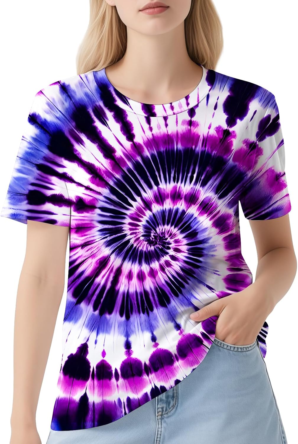 DMPROD Women's Tie Dye Shirt Short Sleeve Hippies Senior Casual Summer Tees T Shirts for Women