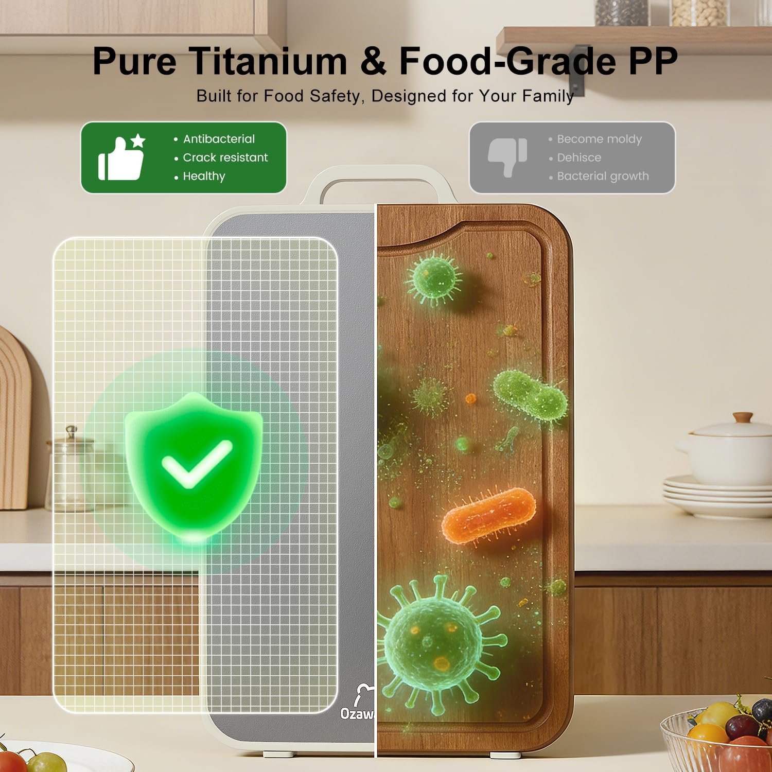 Titanium Cutting Board for Kitchen, Double Sided Cutting Boards Food Grade, 2-in-1 Chopping Boards for Fresh Meat Vegetable, Pure Titanium & PP, Easy to Clean Large Size 16”×11”