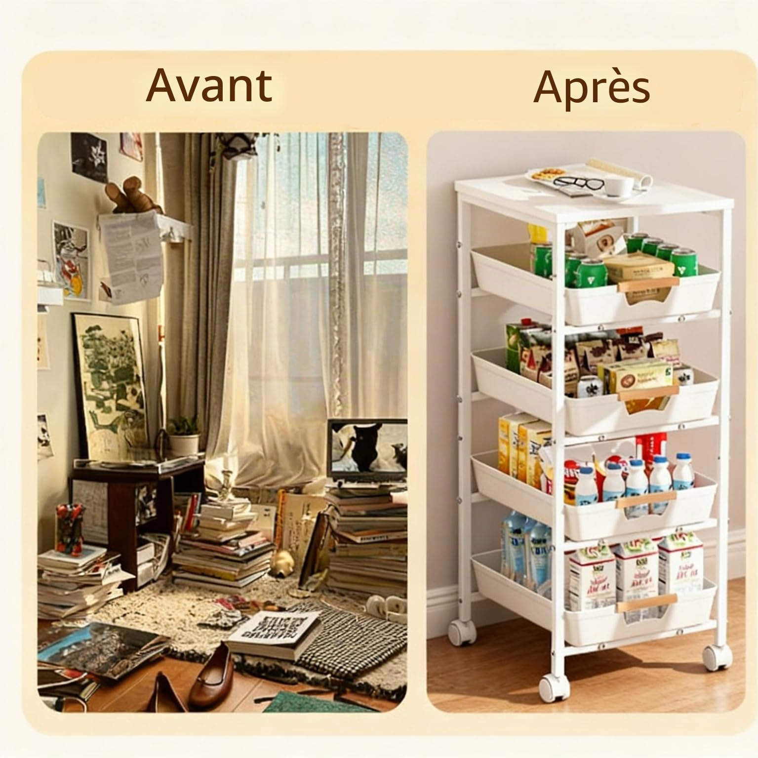 CarolynDesign Chariot utilitaire à 5 niveaux avec cadre en métal et dessus en bois, rangement multifonction à roulettes avec tiroirs coulissants pour cuisine, salon, salle de bain