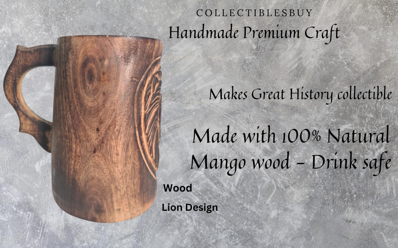 Handmade Wooden Beer Mug with Lion Design Vintage Rustic Wood Cup for Tea, Coffee, Juice, Milk Home Bar & Kitchen Drinkware Décor