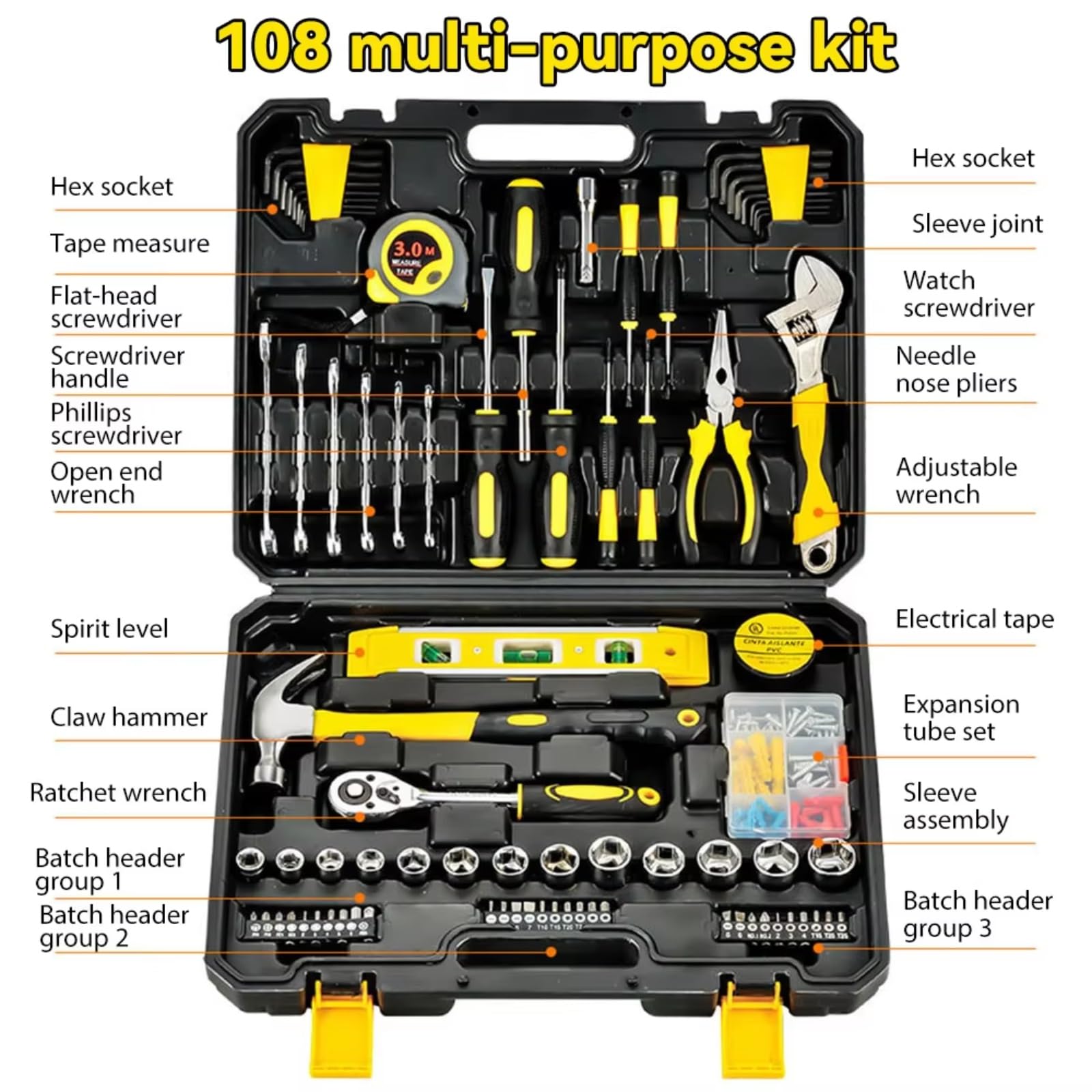 Kit d'outillage mécanique Ensemble D'outils 108 Pièces Kit Manuels La Maison Générale Boîte À Outils Mallette Rangement Utilisée La Réparation Automobile Et La Réparation Domestique