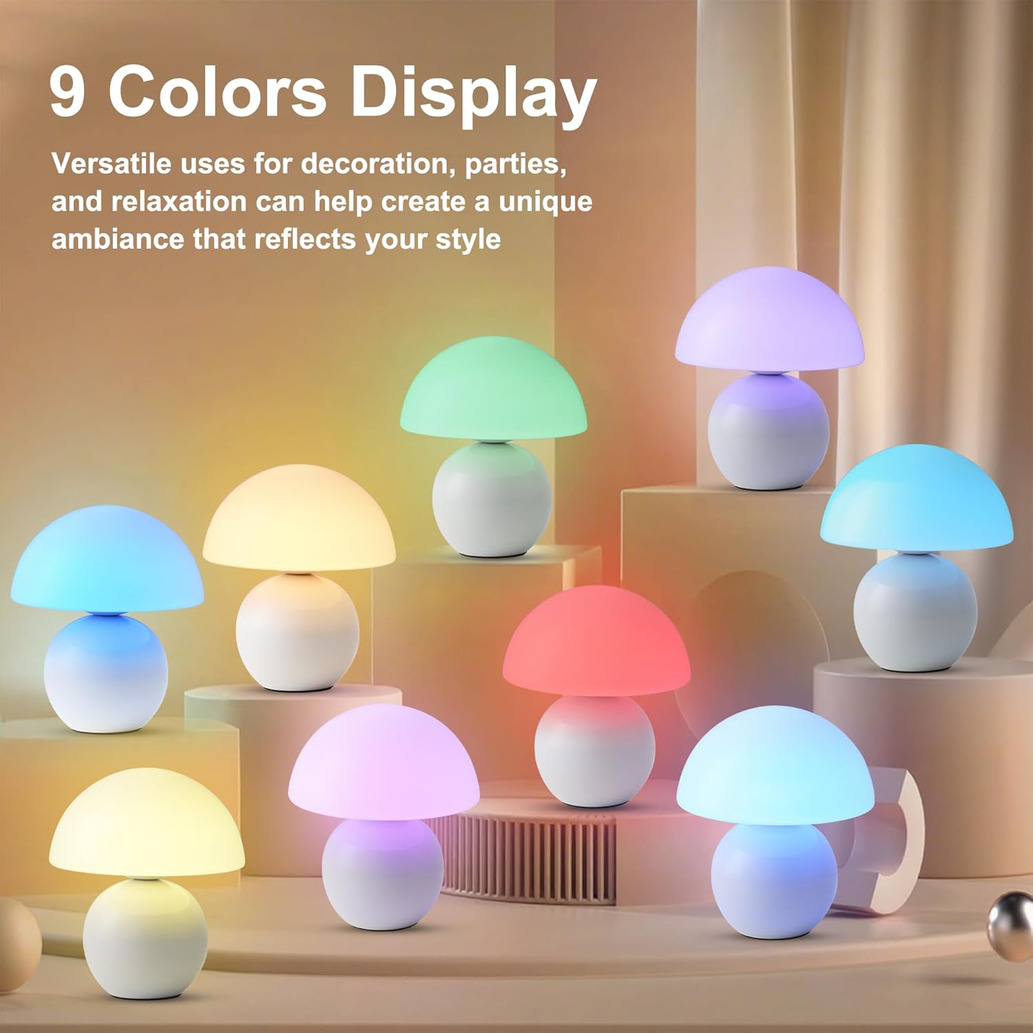 Cordless Cute Mushroom Lamp with Remote Control, 9 RGB, Cordless Lamps for Tables, 3 Color Temperature, Stepless Dimmable, Timer, Memory, Unique Aesthetic Home Decor for Living Room (White)