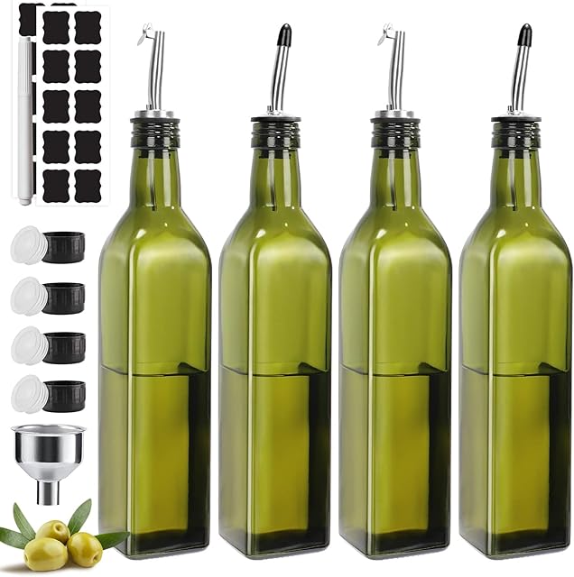 HYCKee 17oz/500ml (4 Pack) Oilve Oil Dispenser Bottle Set Glass for Kitchen, Glass Oil & Vinegar Cruet Set with Stainless Steel 4 Spouts & 1 Funnel,4 Caps, Oil Carafe Decanter