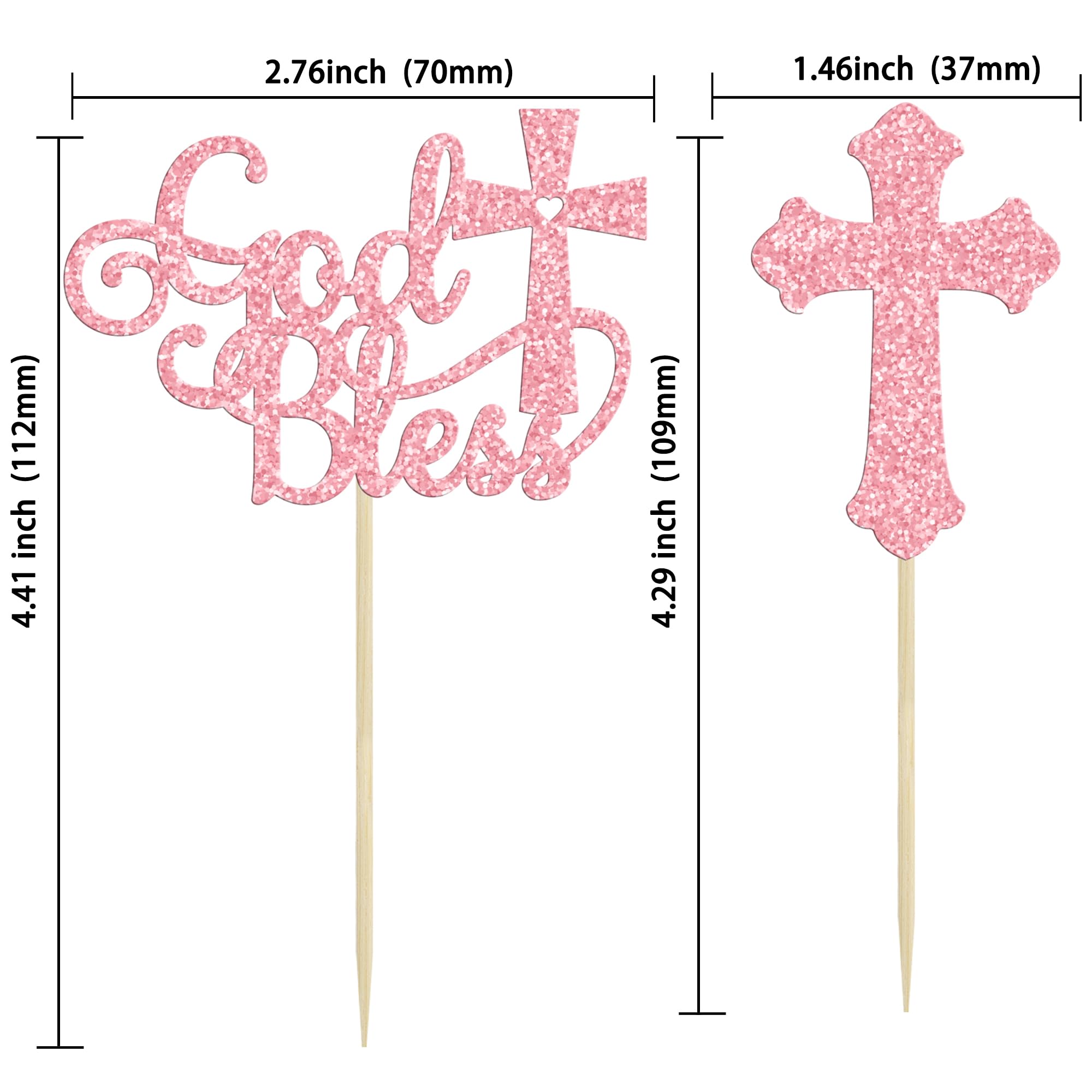 Gyufise 24Pcs God Bless and Baptism Cupcake Toppers Glitter Cross God Bless Cupcake Picks for Christian First Communion Baptism Party Cake Decorations Supplies Pink - Image 2