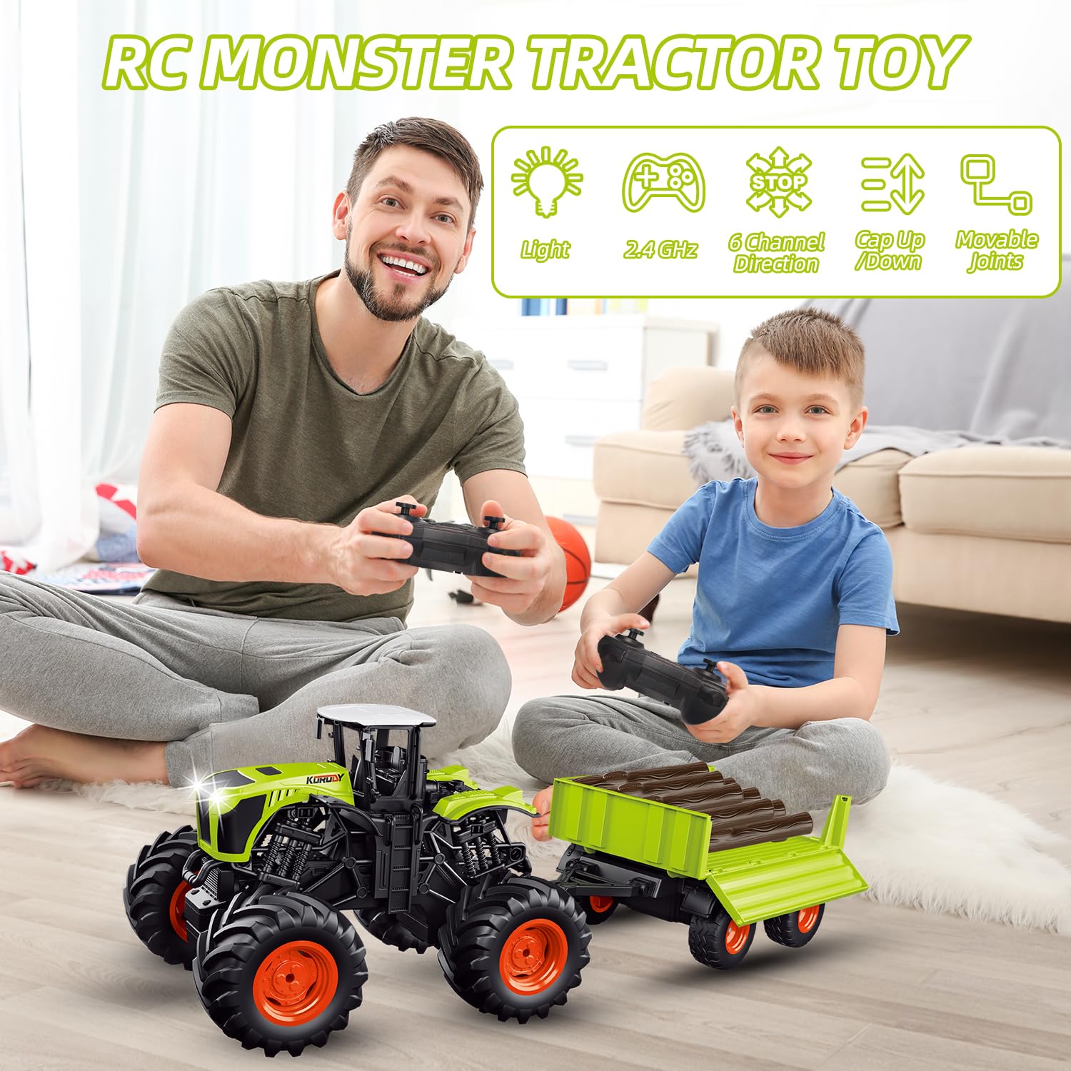 fisca Tractor teledirigido con remolque de elevación e inclinación, camión de juguete con sonido y luz, 6 tacos de madera, adecuado para niños y niñas a partir de 3, 4, 5 y 6 años, juguete de granja