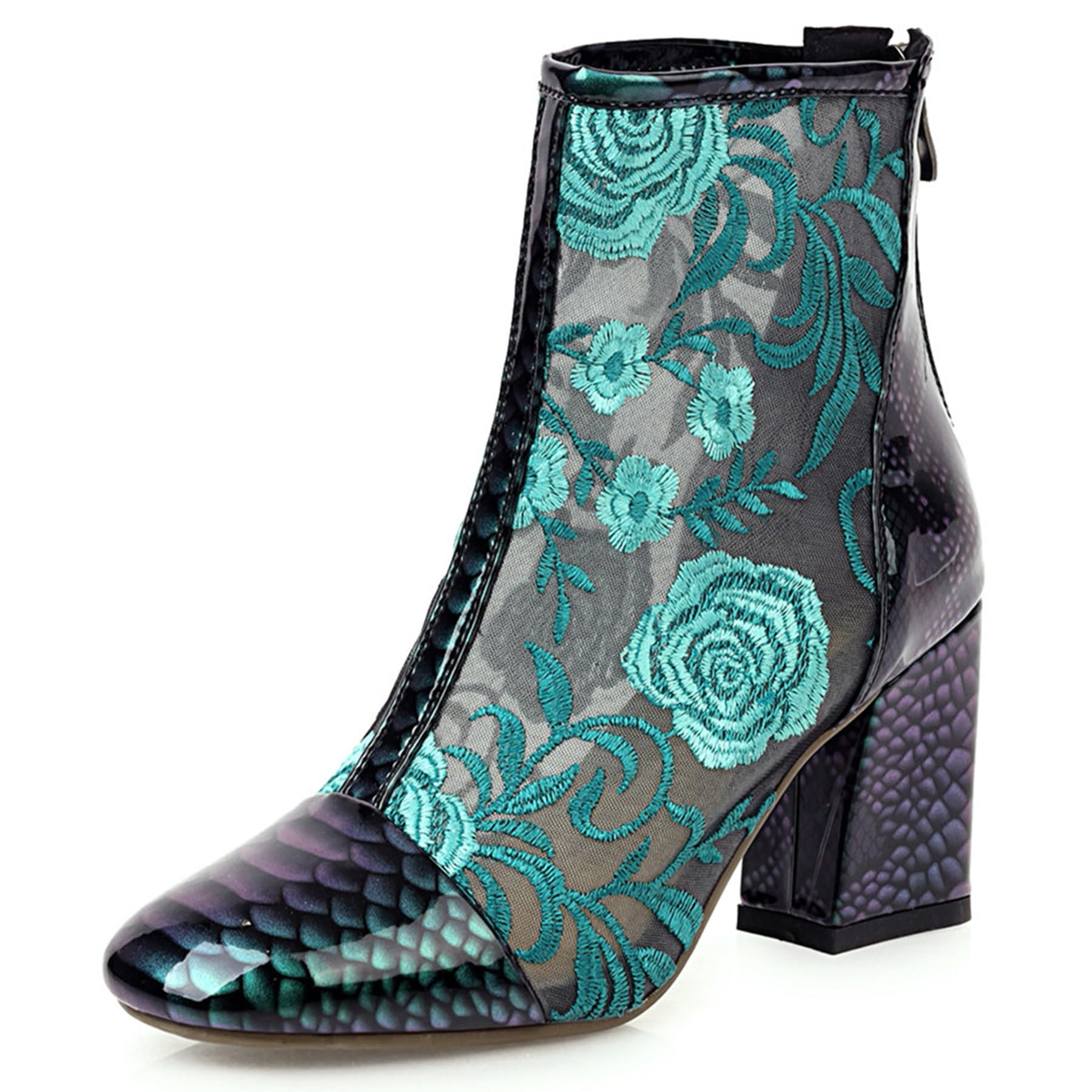 Gicoiz Square Toe Chelsea Patent Women Block Heel Embroidered Boots