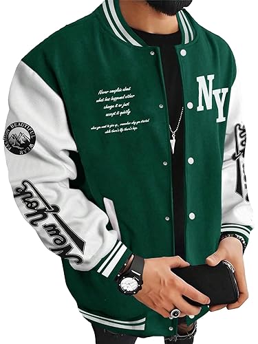 SOLY HUX Men's Varsity Jacket Color Block Letter Graphic Long Sleeve Baseball Jacket Bomber Coat