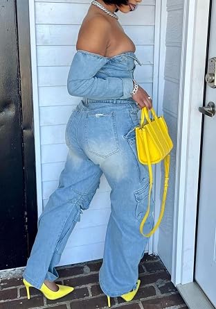 LETSVDO Denim Jumpsuit for Women Sexy Long Sleeve Off Shoulder Cargo Wide Leg Jean Romper(for Club,Going Out,Party)