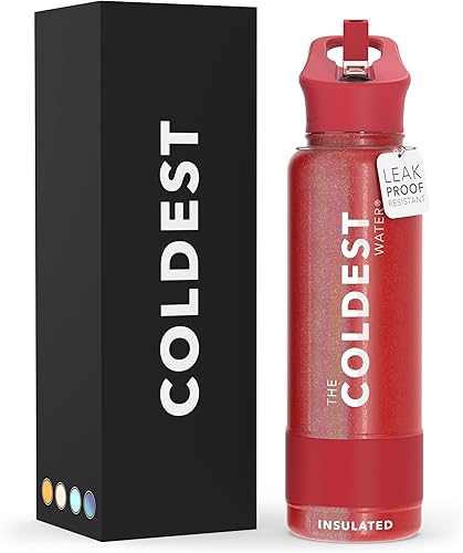 Miniatura 87 de Coldest - Botella de agua deportiva con tapa con popote y asa, a prueba de fugas, de acero inoxidable con aislamiento al vacío de doble pared,