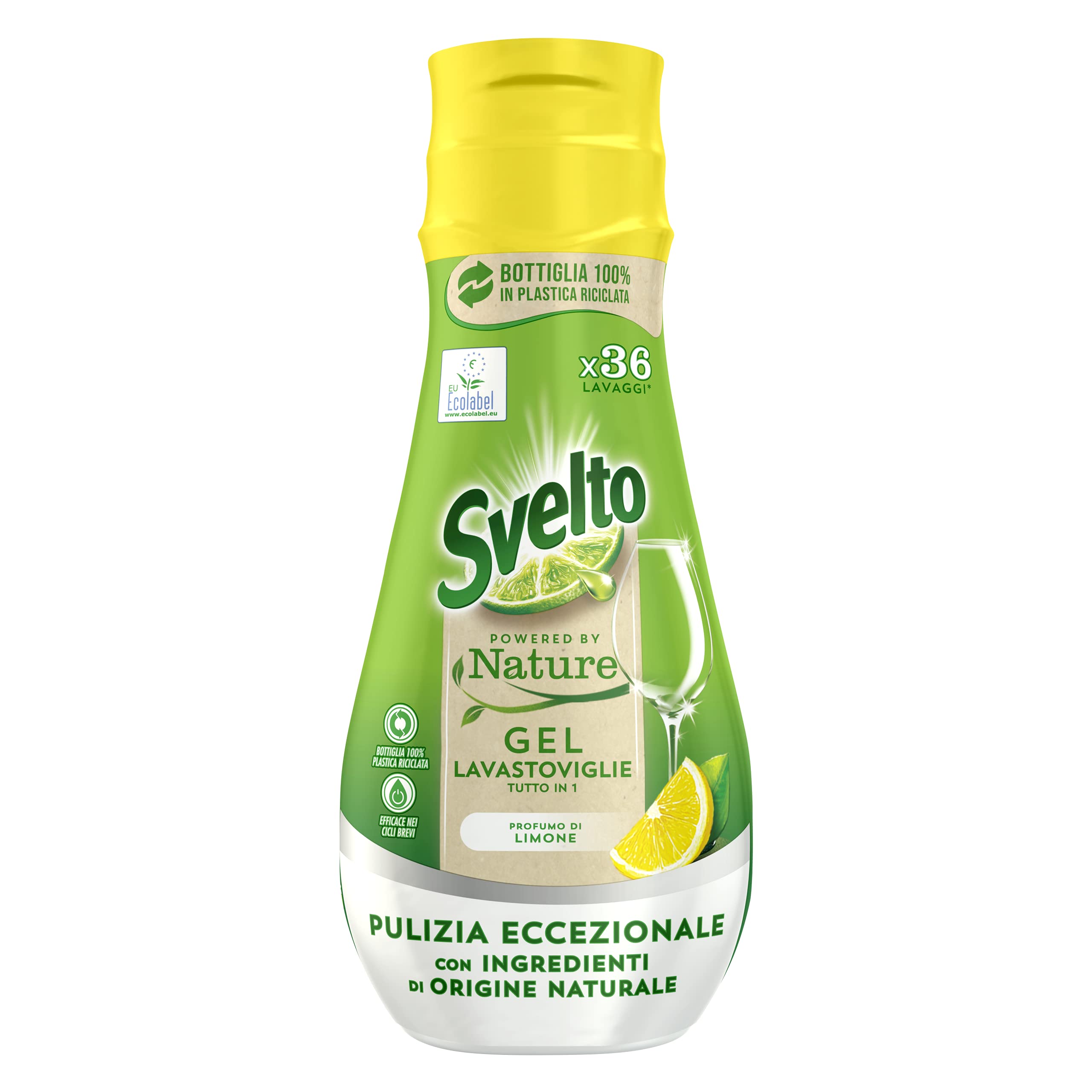 Svelto Gel para lavavajillas todo en 1 Powered By Nature, 6 unidades de 36 lavados, detergente lavavajillas con ingredientes de origen natural, eficaz en ciclos cortos, 100% plástico reciclado, limón