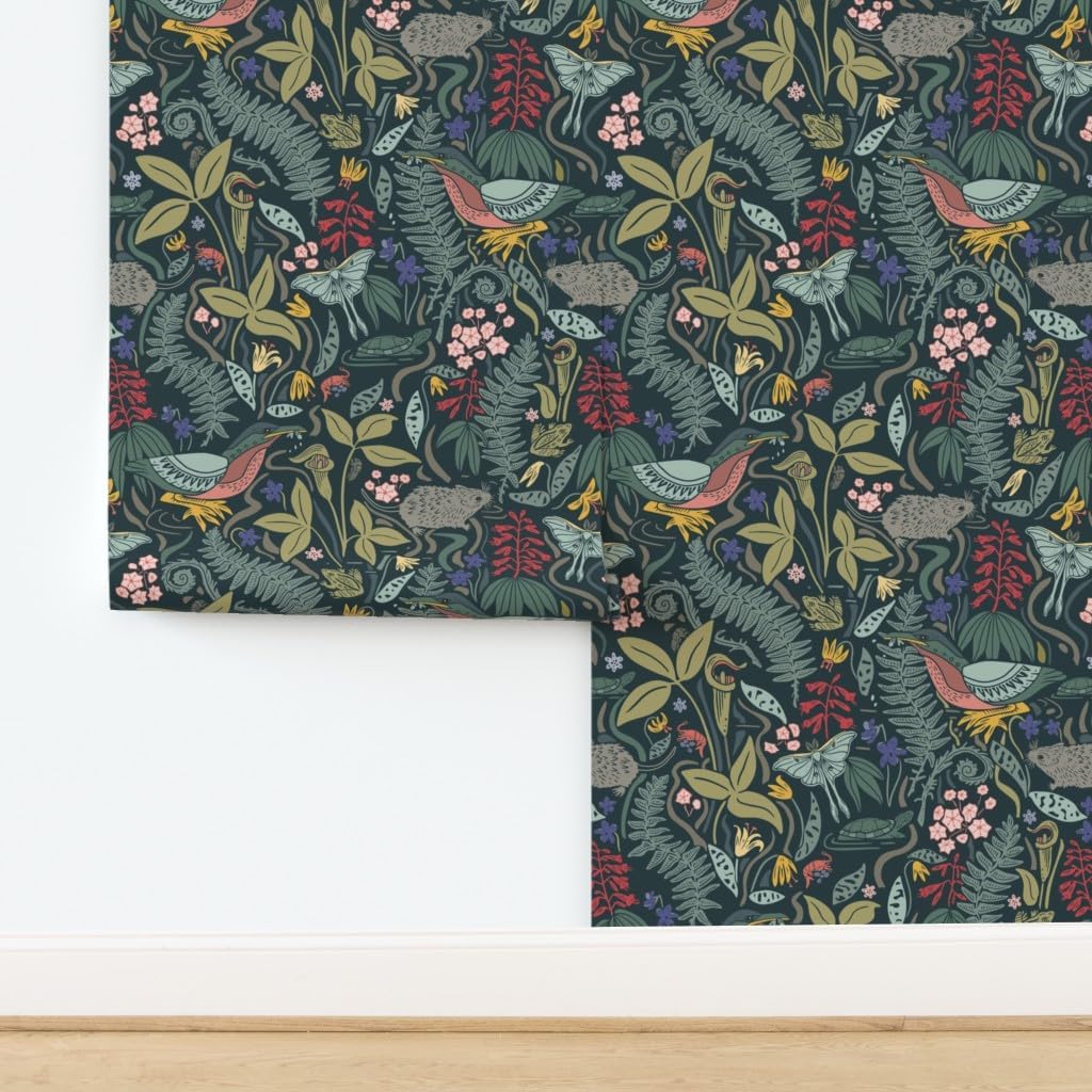 Spoonflower Removable Wallpaper 12ft x 2ft - Maximalist Botanical Nature Floral Woods Forest Wetland Plants Frog Eno Moth Cicada Custom Pre-Pasted Wallpaper