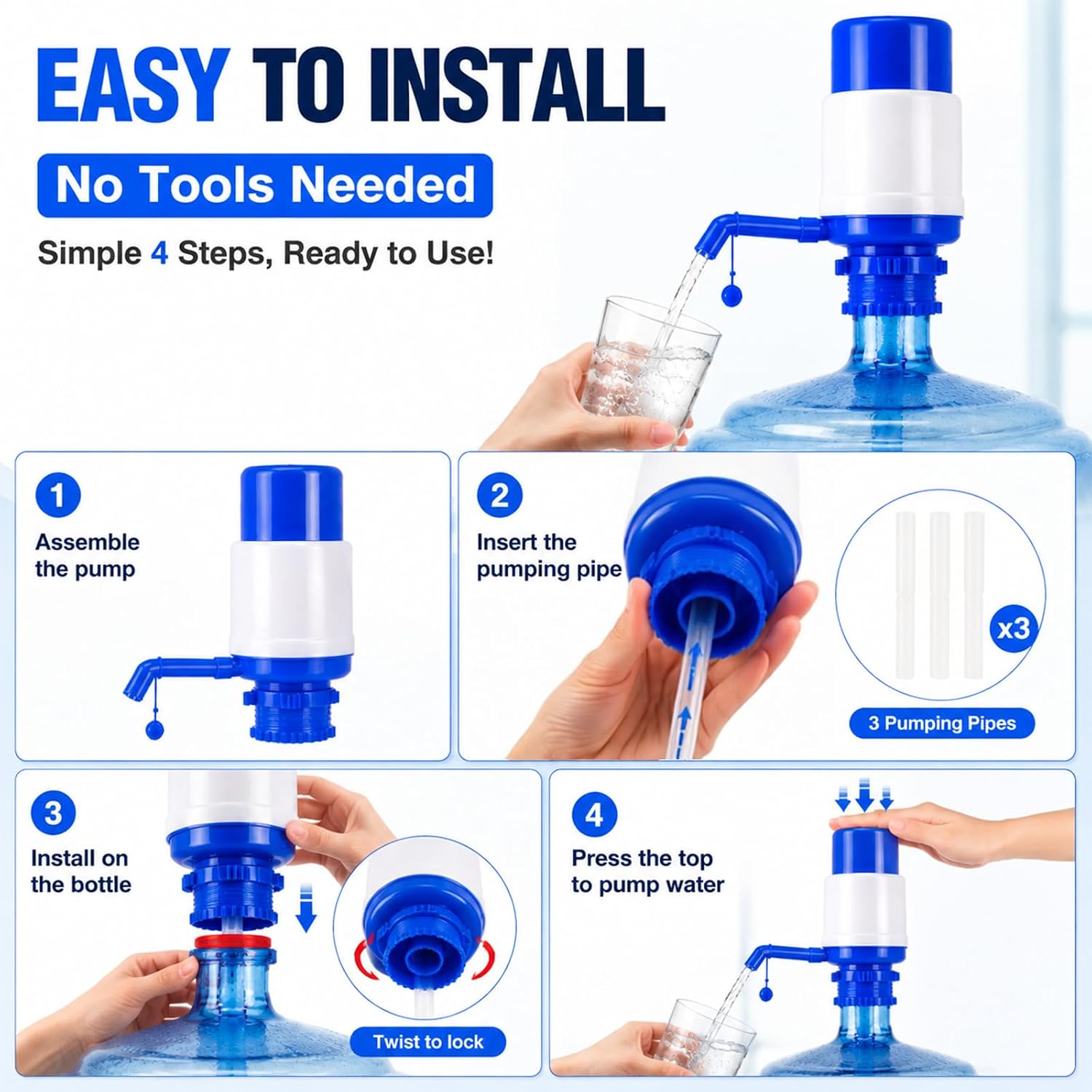 2 Pack Manual Water Dispenser Pump, Universal Hand Pressure Drinking Pump for 2-5 Gallon Bottles, Portable Water Jug Pump for Home, Office, and Outdoor Camping (Blue)