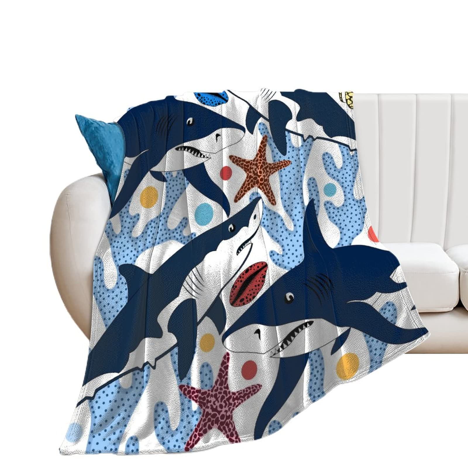 Couverture de Canapé Polaire Requin Étoile de Mer Plaid Chaud Chambre Salon 130x150