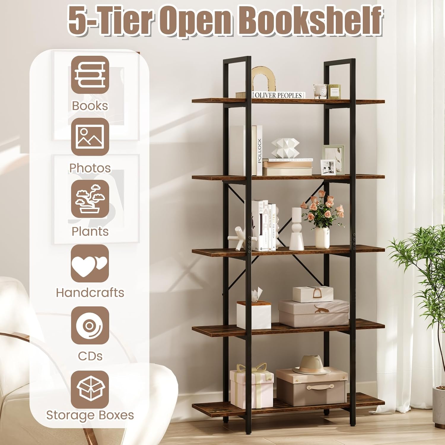 Giantex 5-Tier Industrial Bookshelves Set of 2, 62" Tall Vintage Bookcase with Open Storage Shelves, Freestanding Display Rack w/Heavy-Duty Metal Frame, Storage Organizer for Living Room Study