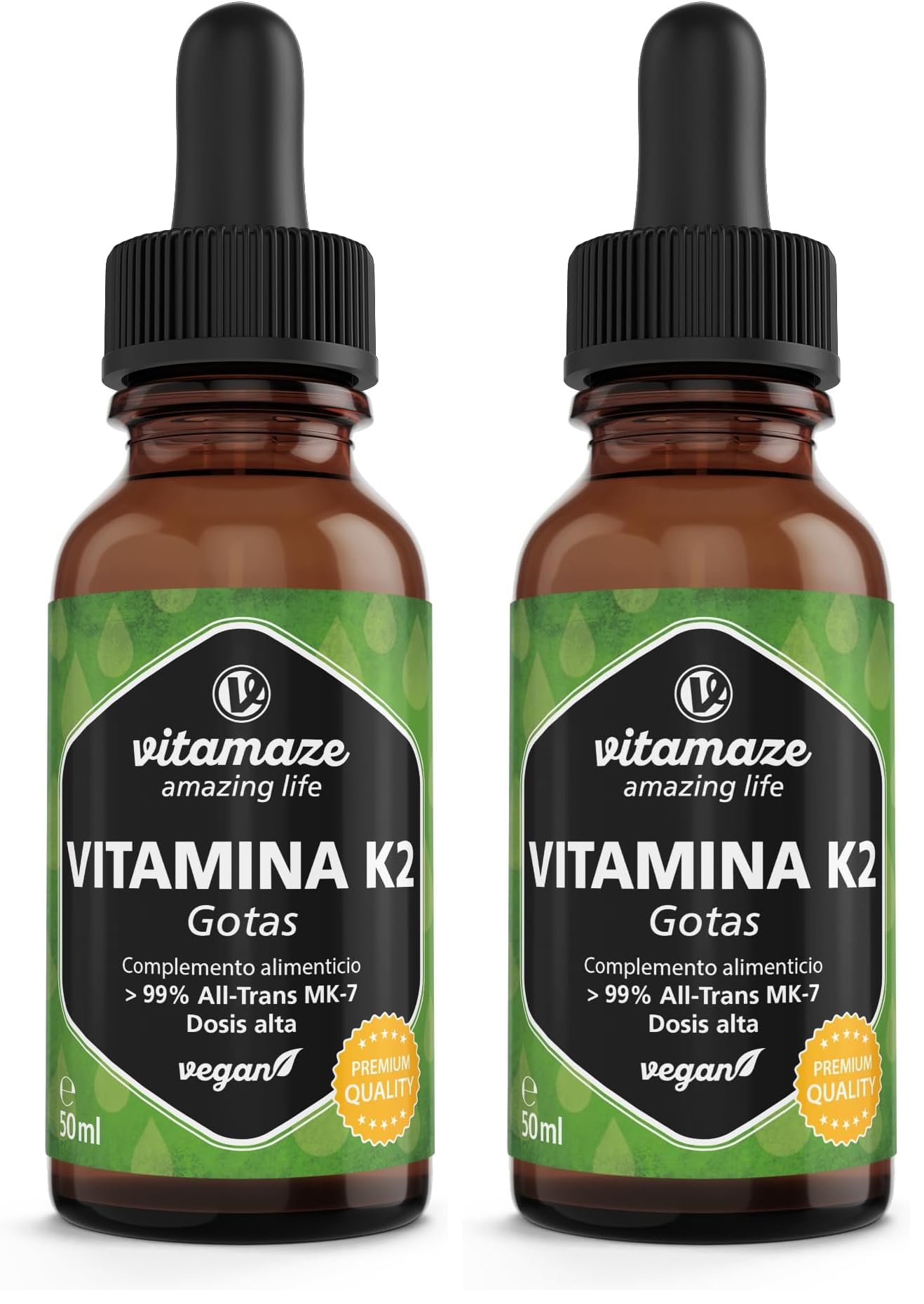 Vitamina K2 Gotas 200 mcg de Alta Dosis, Vitamina K2 vegano y líquido por dosis diaria, Menaquinona MK-7 (< 99% en Forma All-Trans), 50ml (1700 Gotas), sin Aditivos Innecesarios (Paquete de 2)